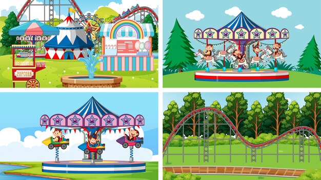 Gratis vector vier scènes met veel attracties in de kermis