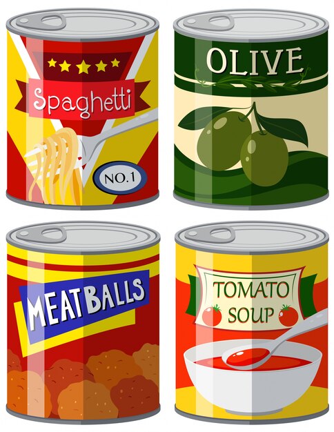 Vier soorten ingeblikt voedsel in set illustratie