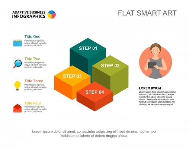 Vier stappenlijst processchema-sjabloon voor presentatie. Bedrijfsgegevens. Diagram, grafisch