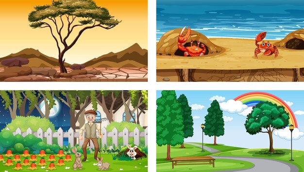 Vier verschillende natuur horizontale scènes