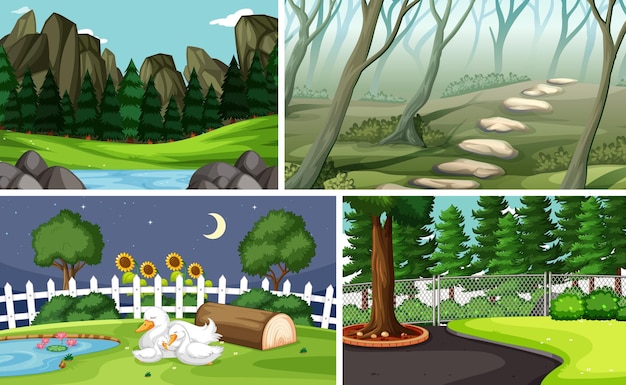 Vier verschillende scènes in cartoonstijl in de natuuromgeving