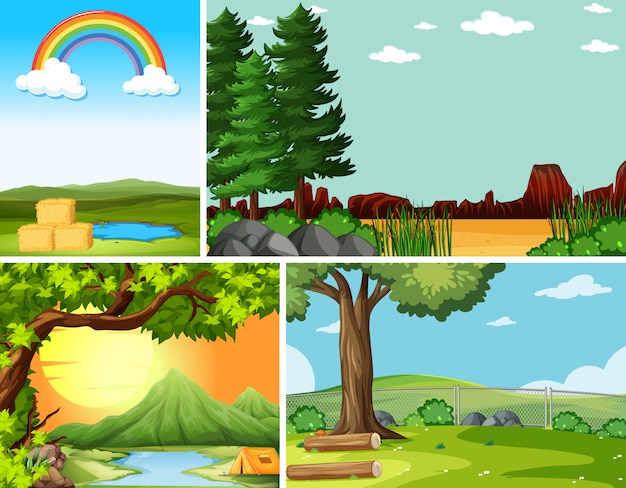 Vier verschillende scènes in de natuur setting cartoon stijl