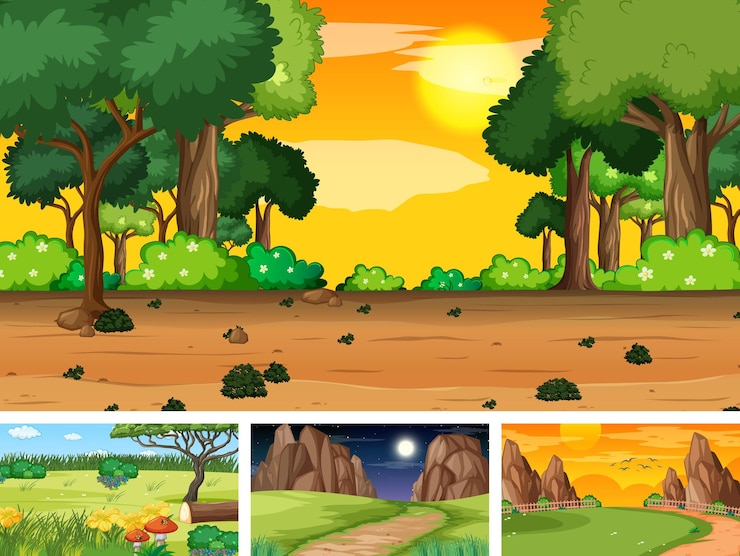 Gratis Vector vier verschillende scènes van natuurpark en bos