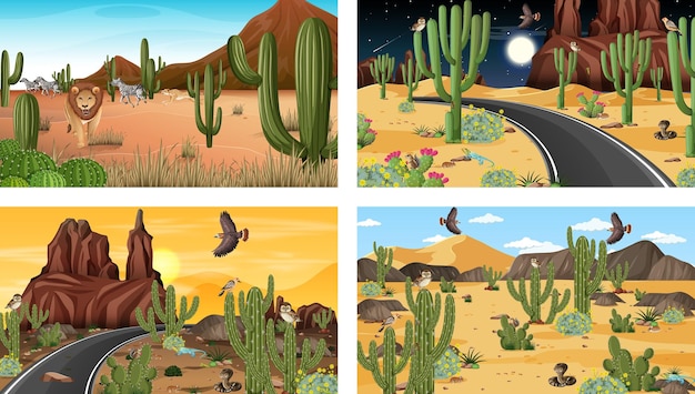 Vier verschillende woestijnlandschapscènes met dieren en planten