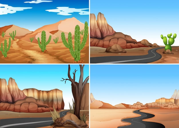 Vier woestijnscènes met lege wegen