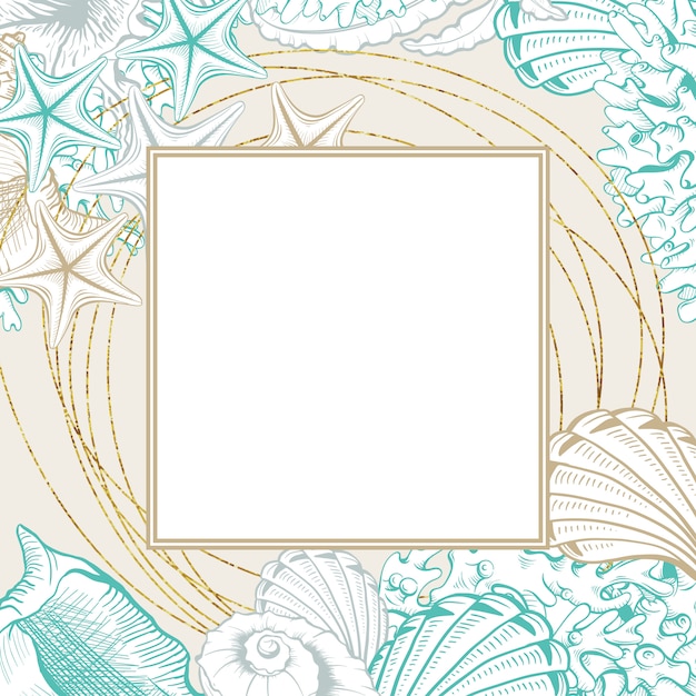 Gratis vector vierkant frame met schelpen. geïsoleerde vector poster met contour tekening zeeschelpen voor bruiloft ontwerp kaarten