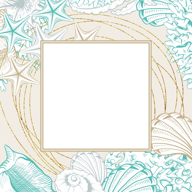Vierkant frame met schelpen. Geïsoleerde vector poster met contour tekening zeeschelpen voor bruiloft ontwerp kaarten