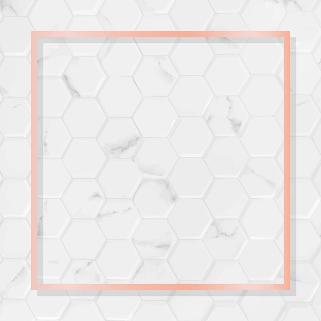 Vierkant roze gouden frame op zeshoekig patroon wit marmeren achtergrond vector