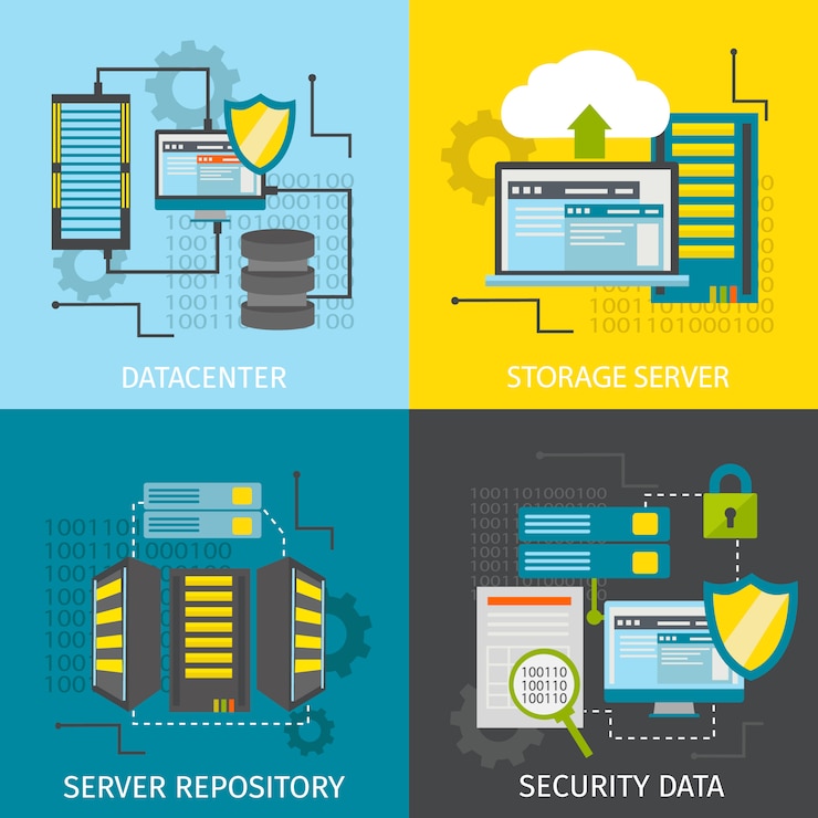 Gratis Vector vierkante datacenter icon set