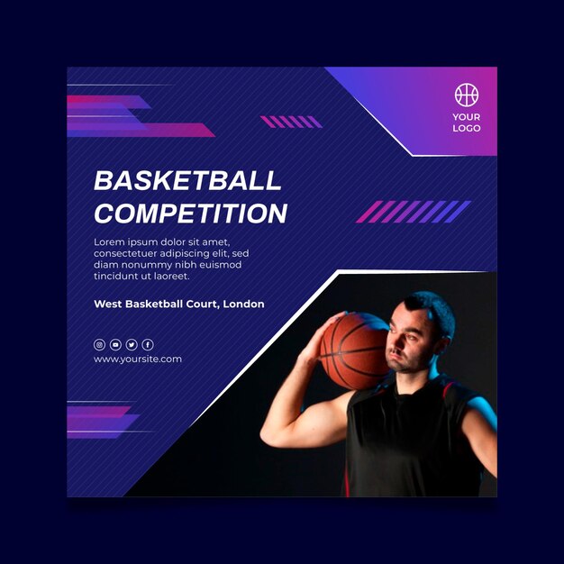 Vierkante flyer-sjabloon met mannelijke basketbalspeler