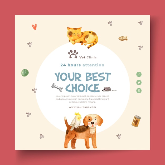 Gratis vector vierkante flyer voor dierenkliniek