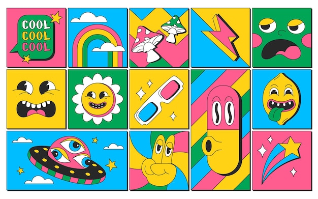 Vierkante stickers met trendy karakters en retro surrealistische elementen psychedelische cartoon groovy set komische gezichten en hippie symbolen in eigentijds design vectorillustratie van bloem ufo regenboog