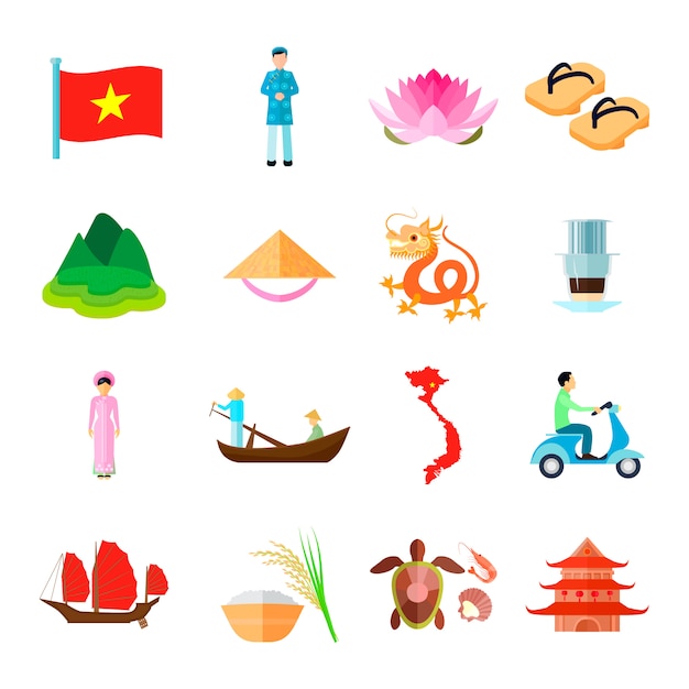 Vietnam Icons Set. Vietnam reizen vectorillustratie. Vietnam toerisme platte symbolen. Vietnamese ontwerpset. Vietnam geïsoleerde set.