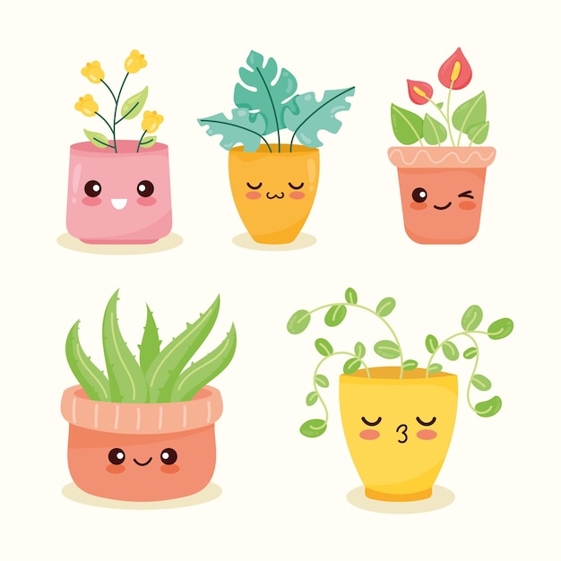 Gratis vector vijf kawaii planten iconen