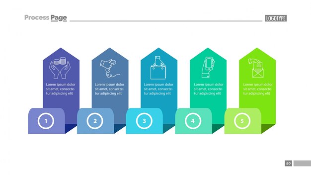 Vijf stappen proces diagram slide slide template