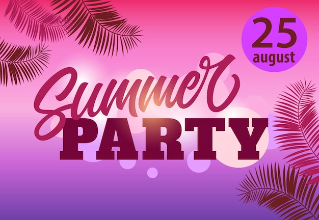 Vijfentwintig augustus, zomerfeest, folder sjabloon met palmbladeren op magenta en violet