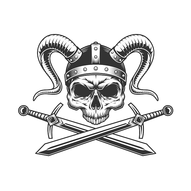 Gratis vector viking-schedel in helm met hoorns