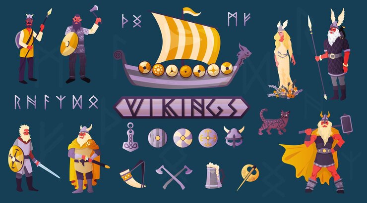 Gratis Vector vikingen plat kleurrijke elementen set met longship wapen schild pantser kostuum gehoornde helm gedomesticeerde kat vectorillustratie