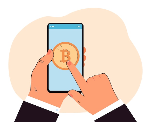 Vinger van zakenman die bitcoin op het scherm van de mobiele telefoon aanraakt. Online cryptocurrency-handel door man platte vectorillustratie. Handel, cryptogeldconcept voor banner, websiteontwerp of bestemmingswebpagina