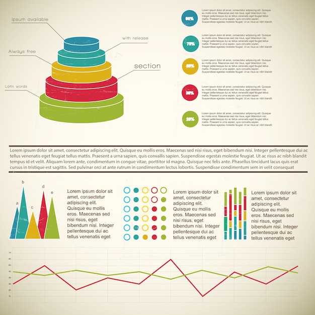 Gratis vector vintage 3d veelkleurige diagram infographic met voetnoten en definities