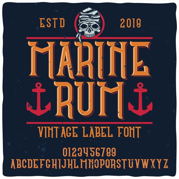 Vintage alfabet lettertype genaamd Marine Rum.