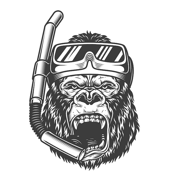 Gratis vector vintage arrogante gorilla duiker met duikbril en snorkel in zwart-wit stijl illustratie