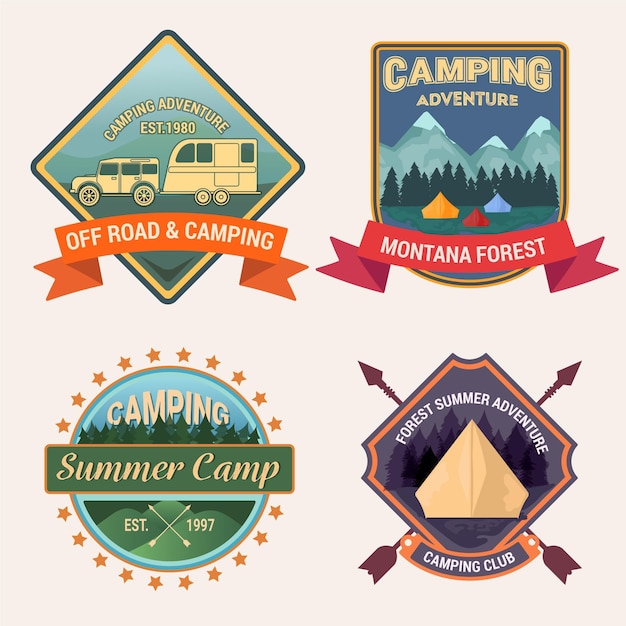 Gratis vector vintage badges kamperen en avonturen instellen