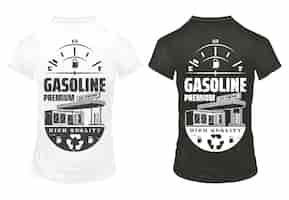 Gratis vector vintage benzine prints op shirts met inscriptie brandstofmeter en benzinestation geïsoleerd