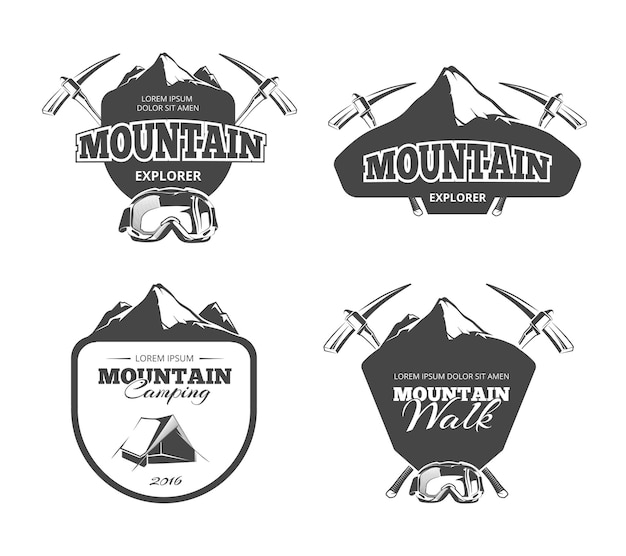 Gratis vector vintage bergkamperen, emblemen voor alpinisme, etiketten, insignes, emblemen.