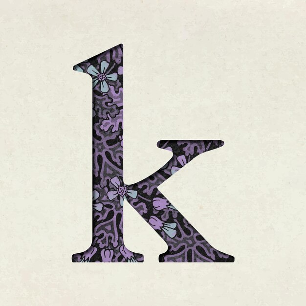 Vintage bloemen paarse kleine letter k typografie