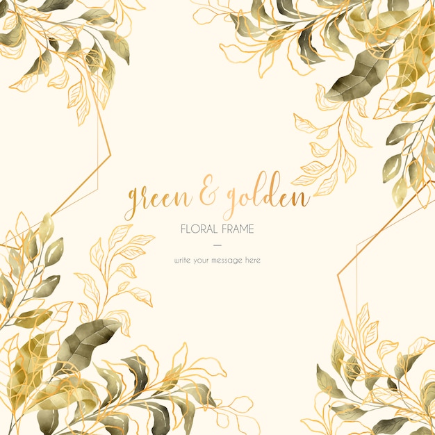 Gratis vector vintage bloemenframe met gouden en groene bladeren