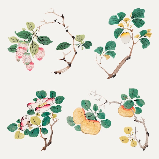 Vintage botanische element vector art print set, geremixt van kunstwerken van Hu Zhengyan