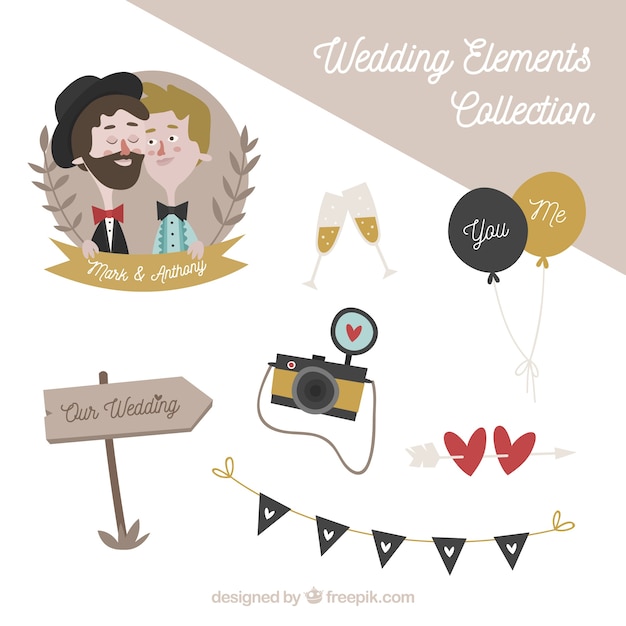 Gratis vector vintage bruiloft elementen met schattig paar