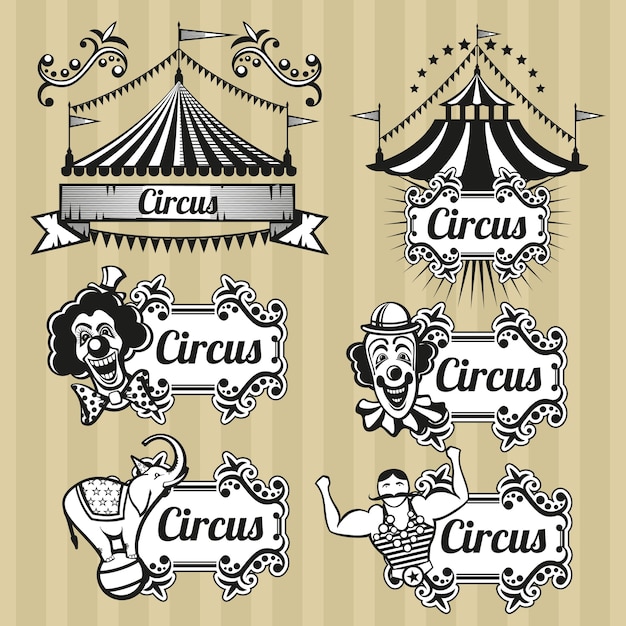 Gratis vector vintage circus vector emblemen, logo's, etiketten instellen. circus embleem, retro circus logo, carnaval circustent illustratie