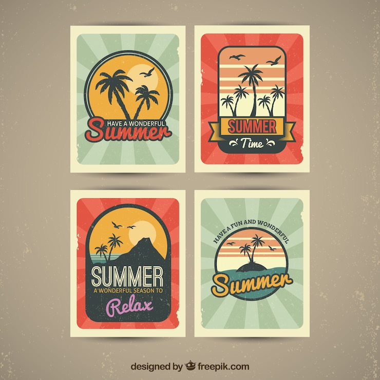 Gratis Vector vintage collectie van vier decoratieve zomerkaarten