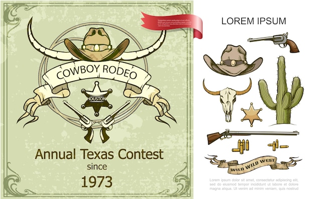 Gratis vector vintage cowboy rodeo kleurrijke samenstelling met hoed buffel schedel cactus revolver shotgun sheriff badge kogels illustratie