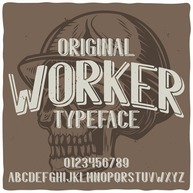 Vintage etiketlettertype met de naam "Arbeider" met illustratie van schedel met helm.