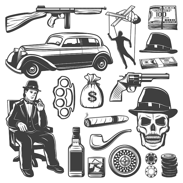 Gratis vector vintage gangster elementen collectie met don wapen auto geld marionet whisky rookpijp sigaar schedel knokkel hoed roulette chips geïsoleerd