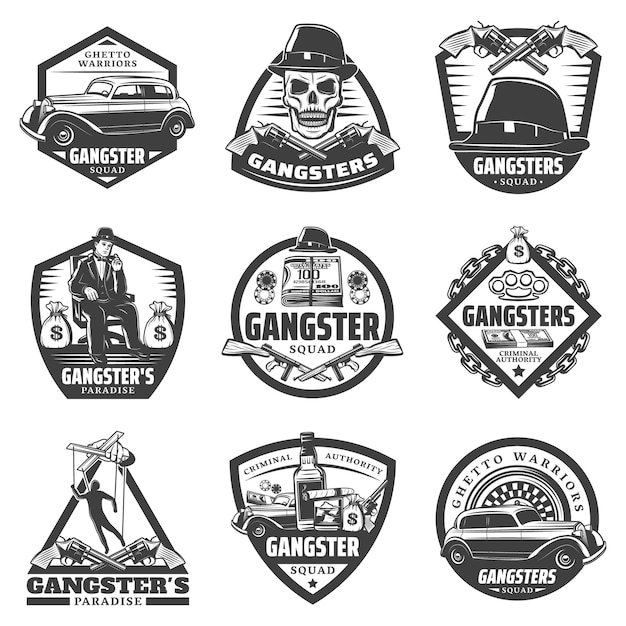 Vintage gangster labels set met maffiabaas auto wapen geld gokken chips roulette schedel hoed whisky geïsoleerd