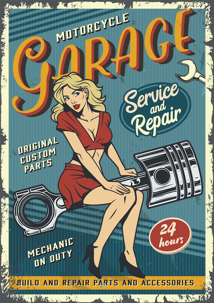 Gratis Vector vintage garage service poster sjabloon met pin-up girl
