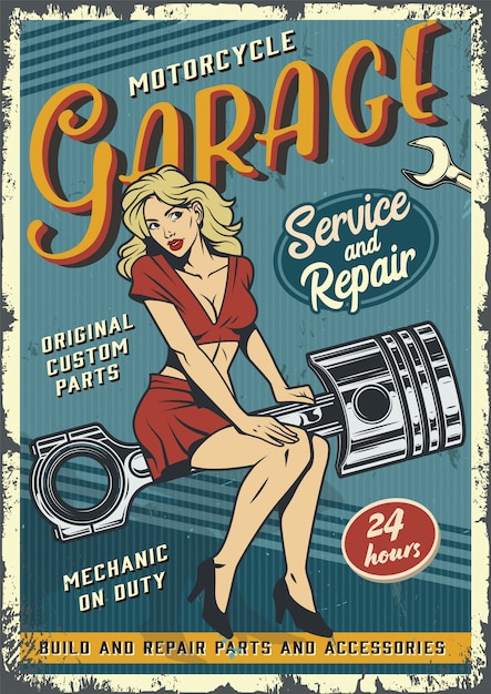 Vintage garage service poster sjabloon met pin-up girl