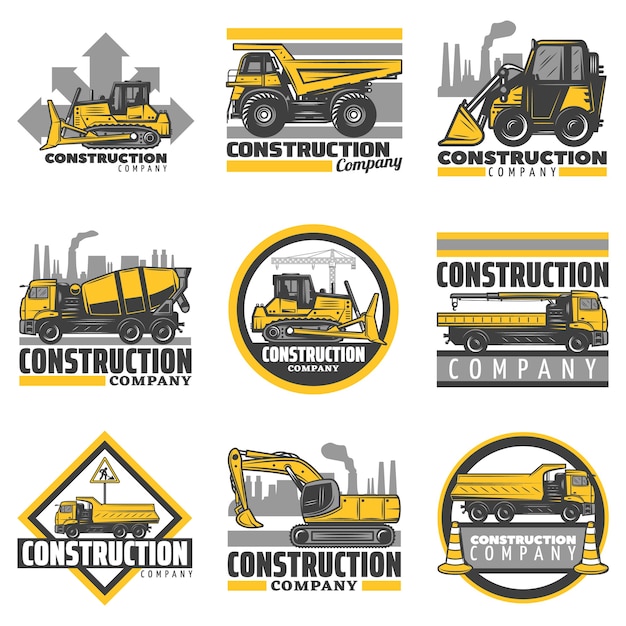 Gratis vector vintage gekleurde bouwvoertuigen emblemen set met bulldozer graafmachine betonmixer dump bouwvrachtwagens geïsoleerd