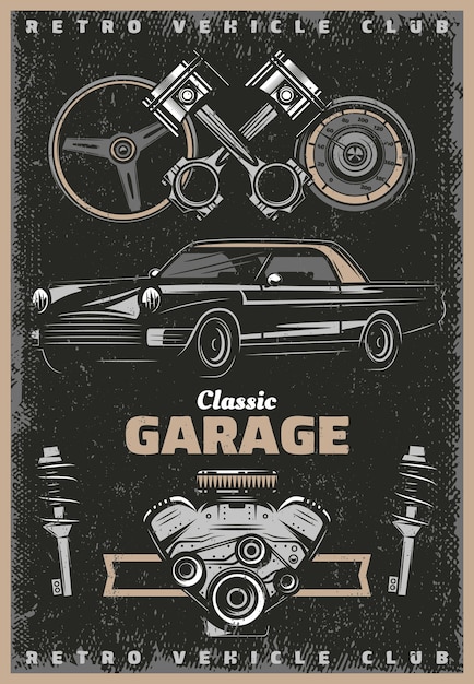 Gratis vector vintage gekleurde klassieke garage service poster met retro auto motor zuigers stuurwiel snelheidsmeter schokdempers