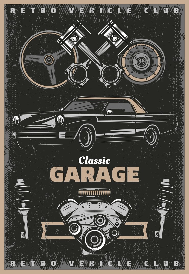 Gratis Vector vintage gekleurde klassieke garage service poster met retro auto motor zuigers stuurwiel snelheidsmeter schokdempers