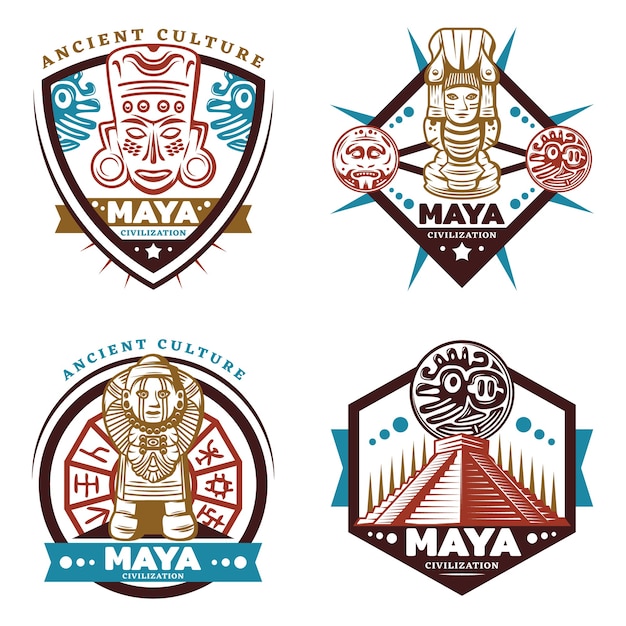 Vintage gekleurde maya beschaving emblemen instellen