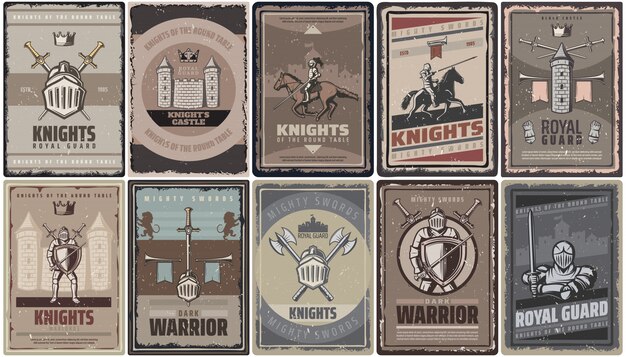 Vintage gekleurde middeleeuwse ridders posters met krijgers zwaarden helm kasteel vesting assen toren trompetten geïsoleerd