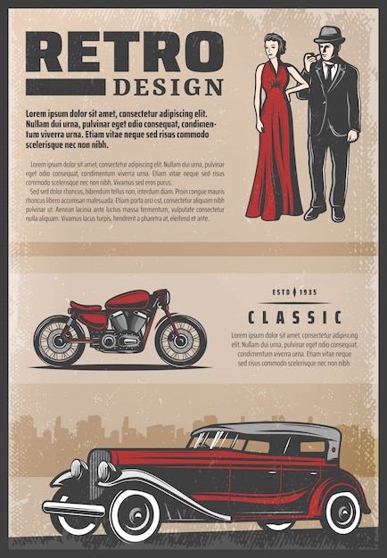 Gratis vector vintage gekleurde retro poster met klassieke auto motorfiets mooie vrouw draagt rode jurk en heer rookpijp