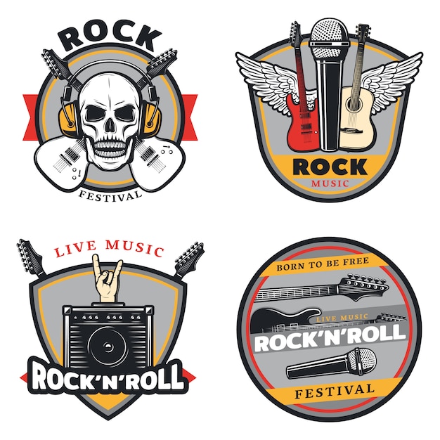 Gratis vector vintage gekleurde rockmuziek emblemen instellen