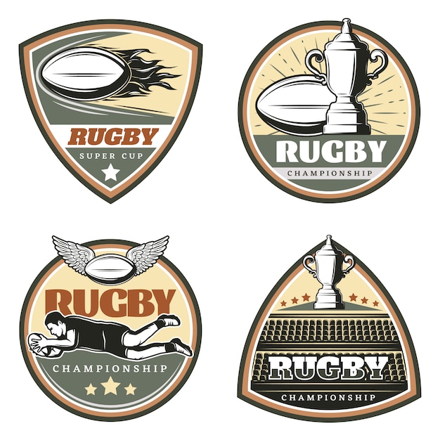 Vintage gekleurde rugby emblemen set