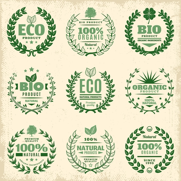 Gratis vector vintage groene eco-productetiketten instellen